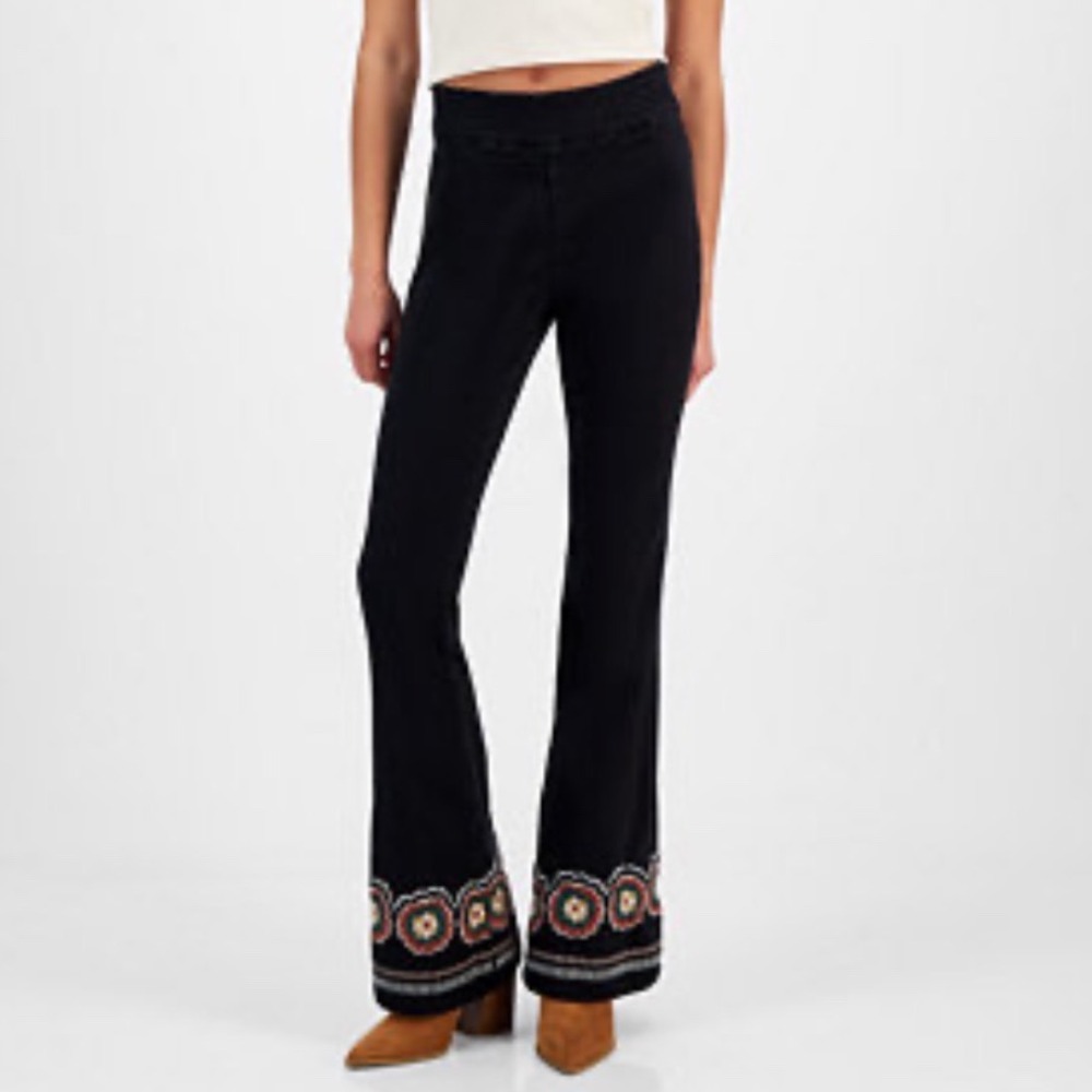 Driftwood Wyatt Pull On Slim Flare Pants Black Embroidered Hem Size Small New
